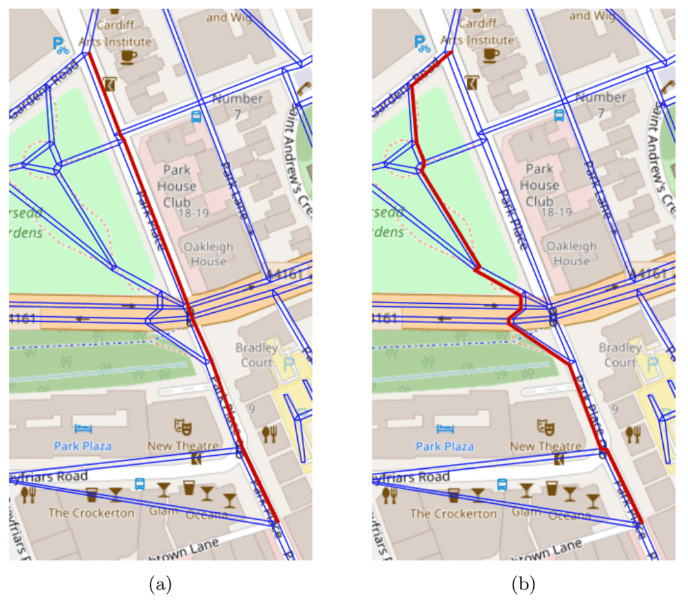 The shortest and safest paths from a location in the top to a location in the bottom is illustrated in (a) and (b) respectively. In both figures the pavement network is represented by a set of blue lines and the path in question is represented by a sequence of red lines.
