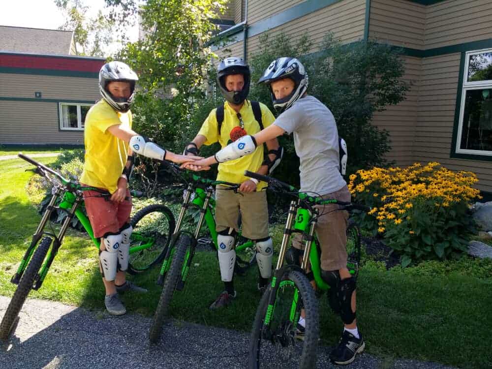 My two boys and husband on their rented mountain bikes getting ready to hit the trails at Mount Snow.