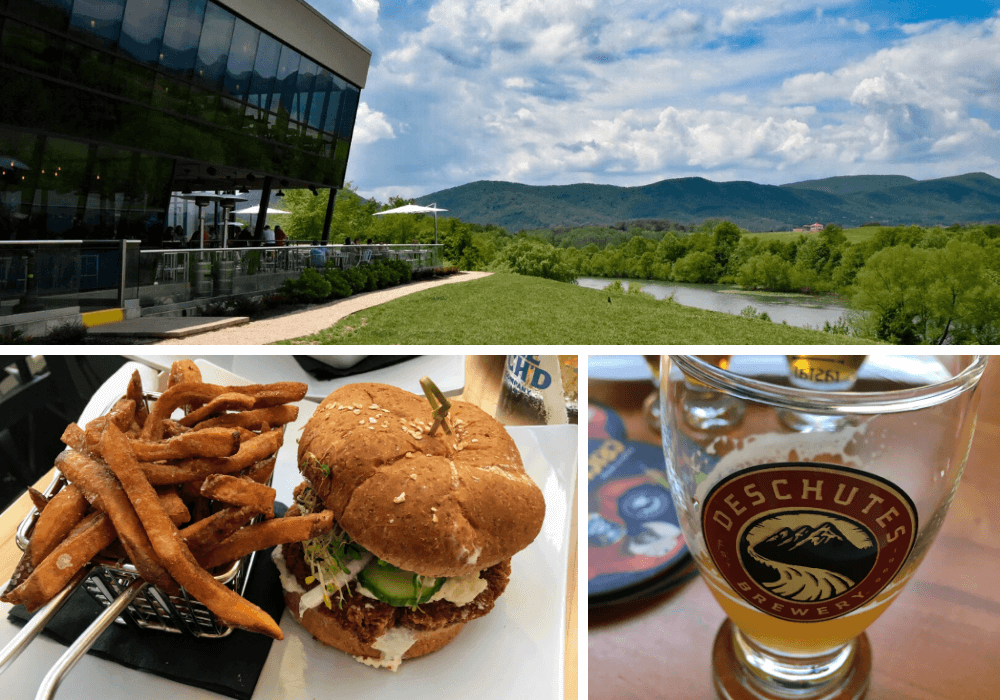 A collage of photos from different craft breweries in Roanoke, Virginia, including Ballast Point Brewery, Three Notched Brewery, and Deschutes Brewery.