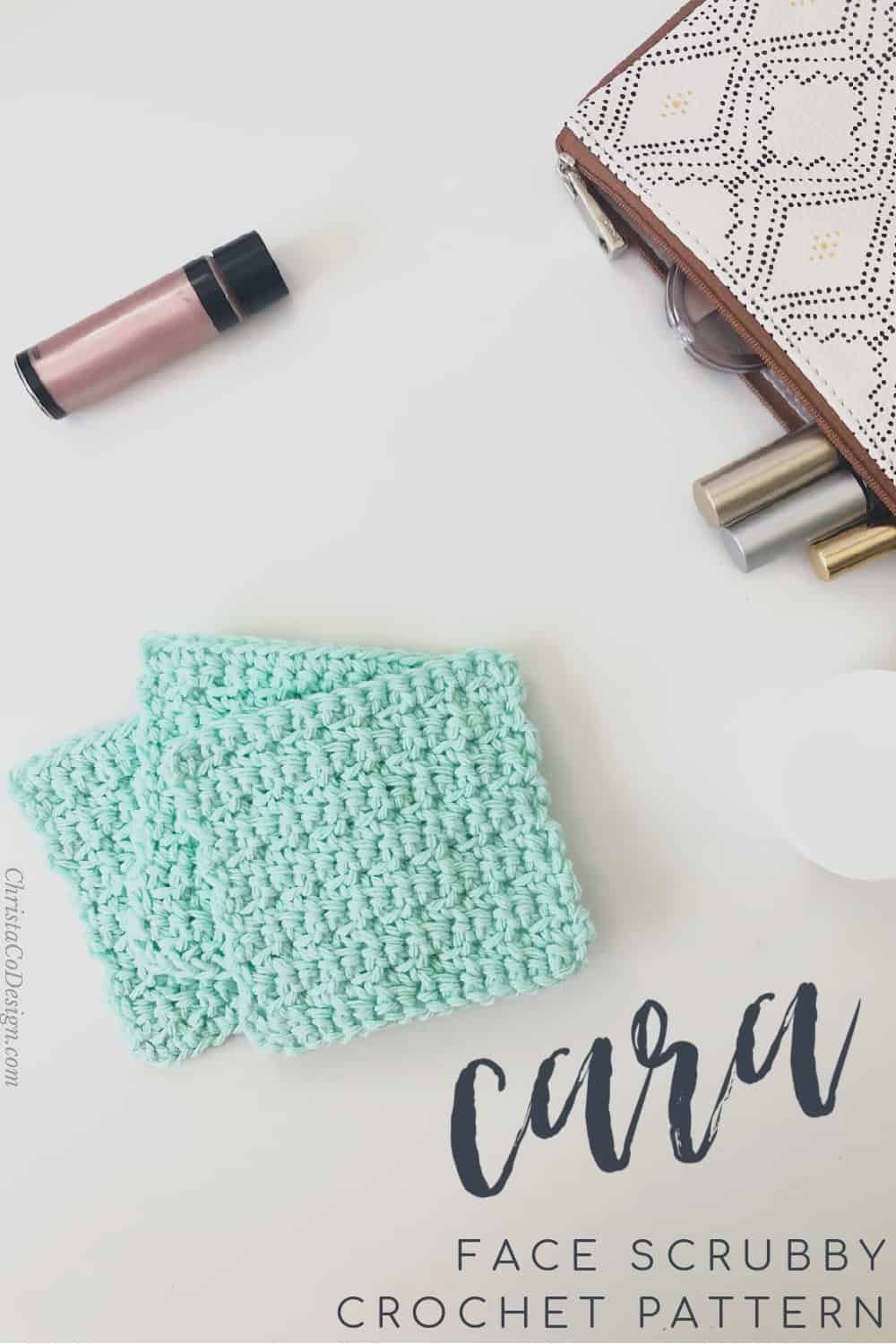 picture of pin image of mint green crochet face scrubbies and make up bag