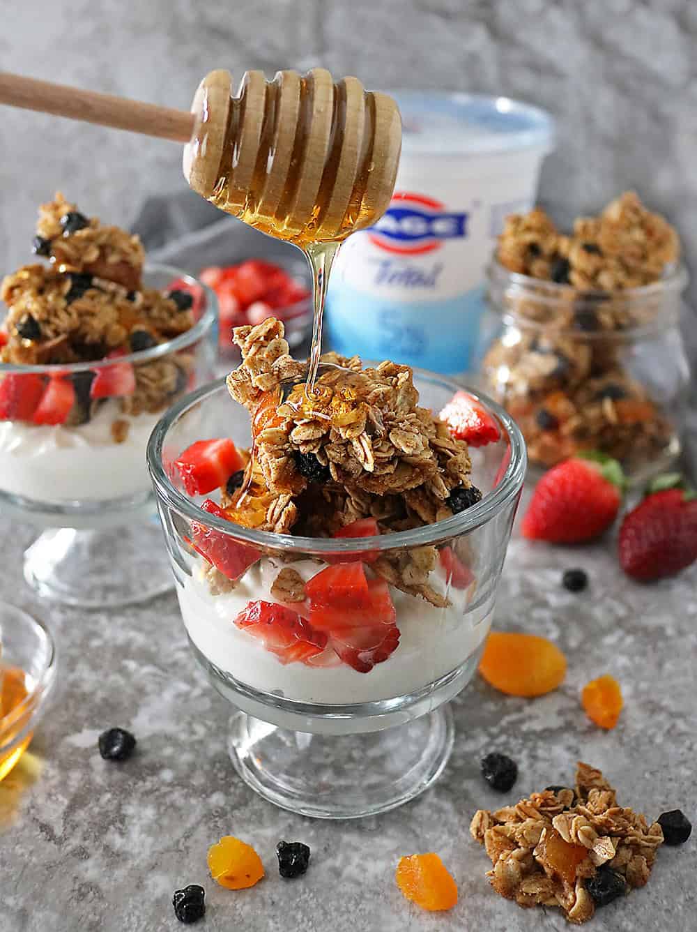 Clumpy Blueberry Apricot Granola with FAGE