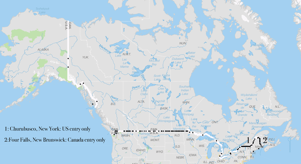 Map showing legal land border (black dots) crossings between the United States and Canada. GIS data from: United States. Bureau of Transportation Statistics