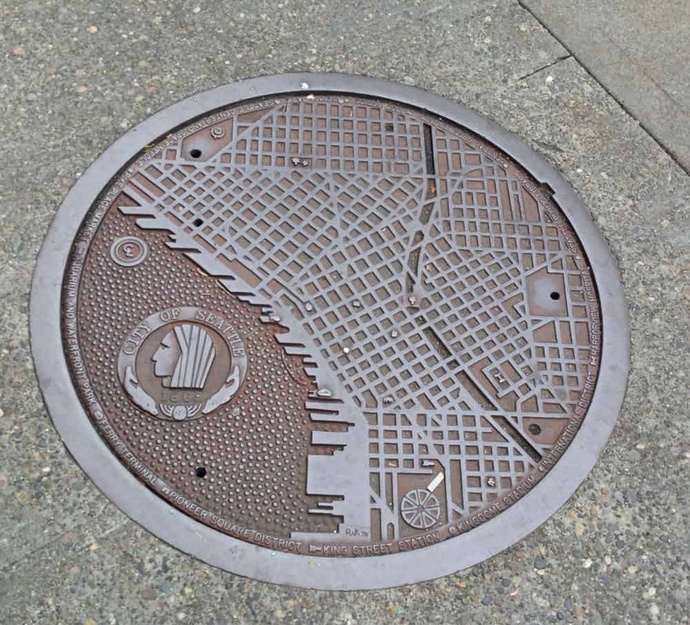 Seattle Map Manhole Cover by 1st Ave & Spring Street Photo: Gordon Werner, CC BY 2.0