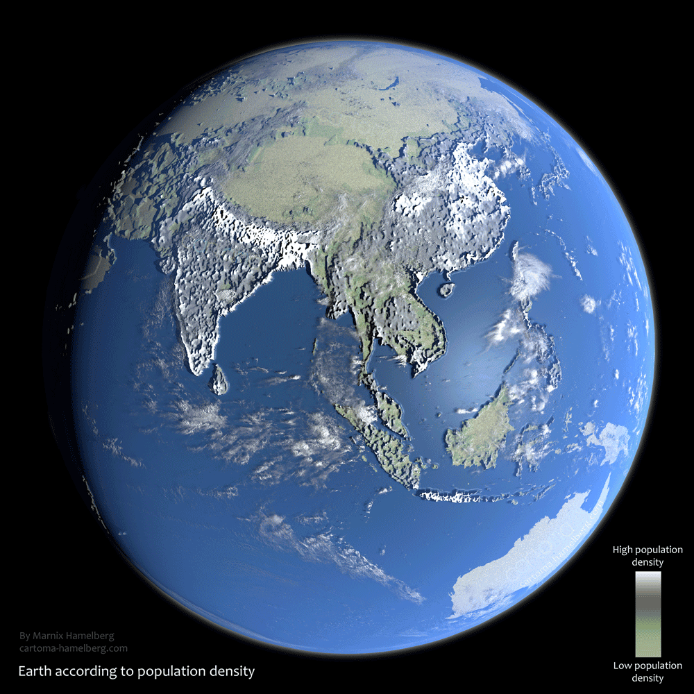 Earth According to Population Density. Map: Marnix Hemelberg
