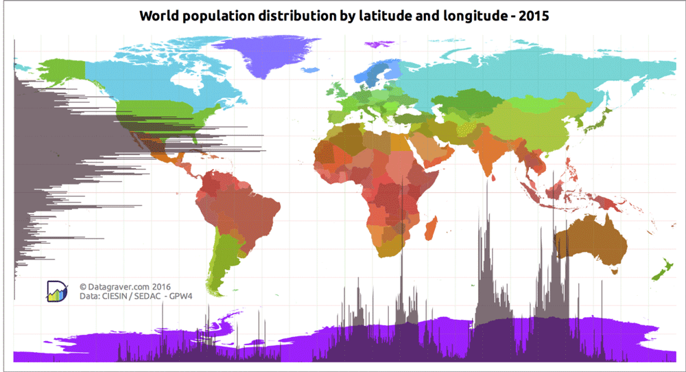 World Population Distribution by Latitude and Longitude - 2015. Map: Datagraver