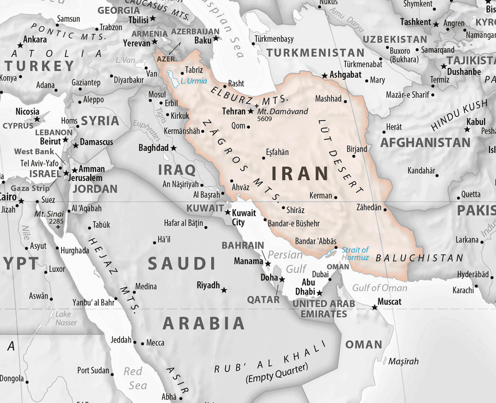 Map showing the location of Iran in the Middle East. Map from Equal Earth, public domain.