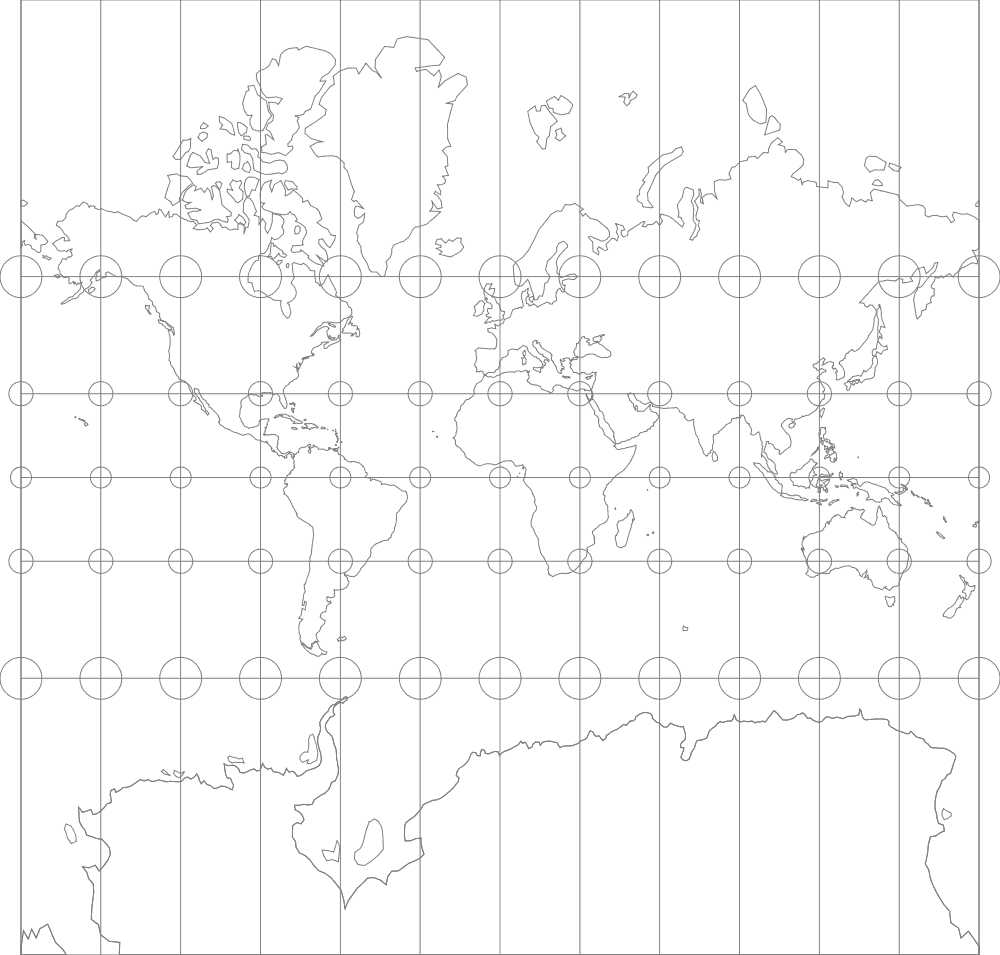 Mercator map projection overlaid with Tissot's indicatrices showing a greater distortion of land sizes at higher latitudes. Map: Flex Projector