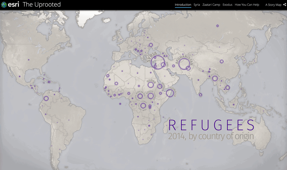 Esri's story map, The Uprooted, tells the story of refugees and the experiences they go through.