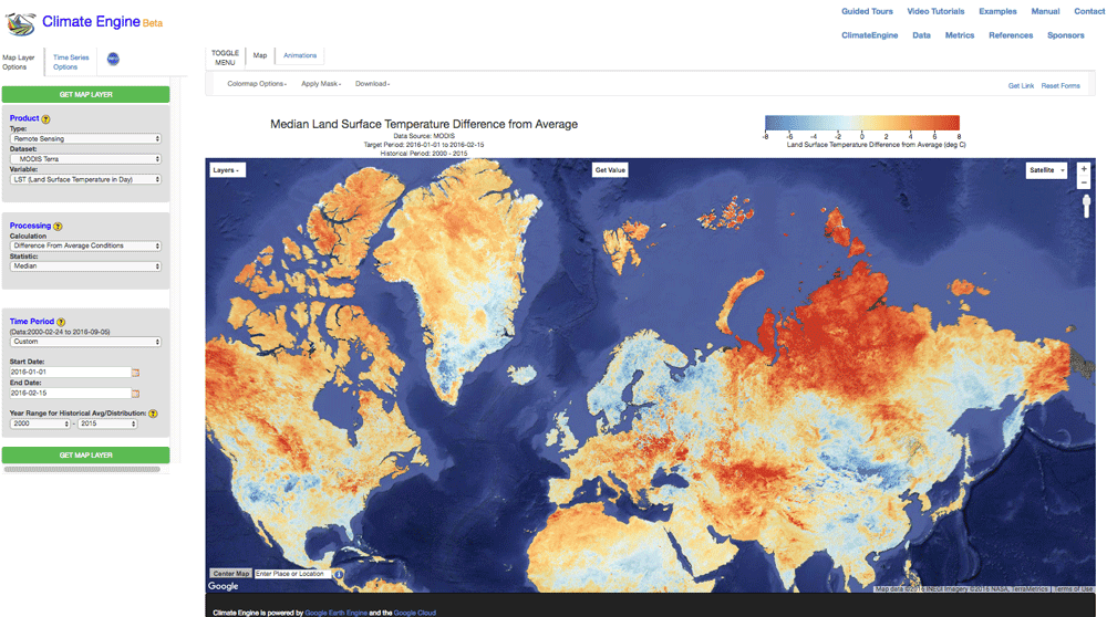 MODIS January - February 2016 Land Surface Temperature (LST) difference from average illustrating exceptionally high surface temperature in the Arctic region. Source: Climate Engine