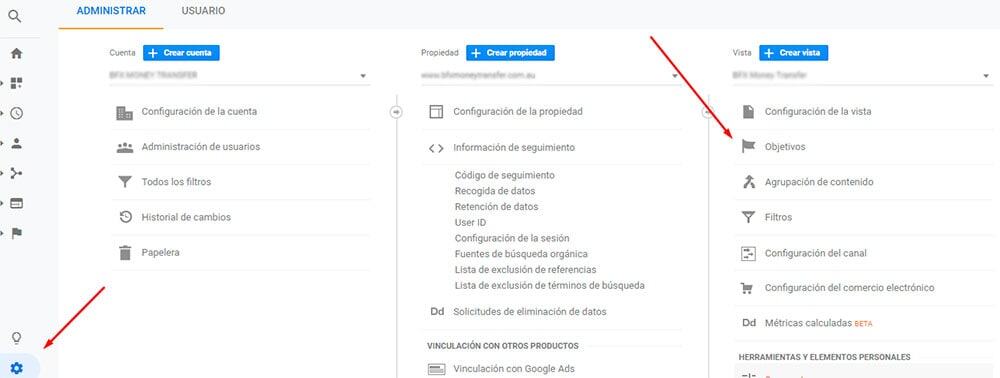Cómo llegar a la configuración de objetivos en Google Analytics para conversiones en marketing digital