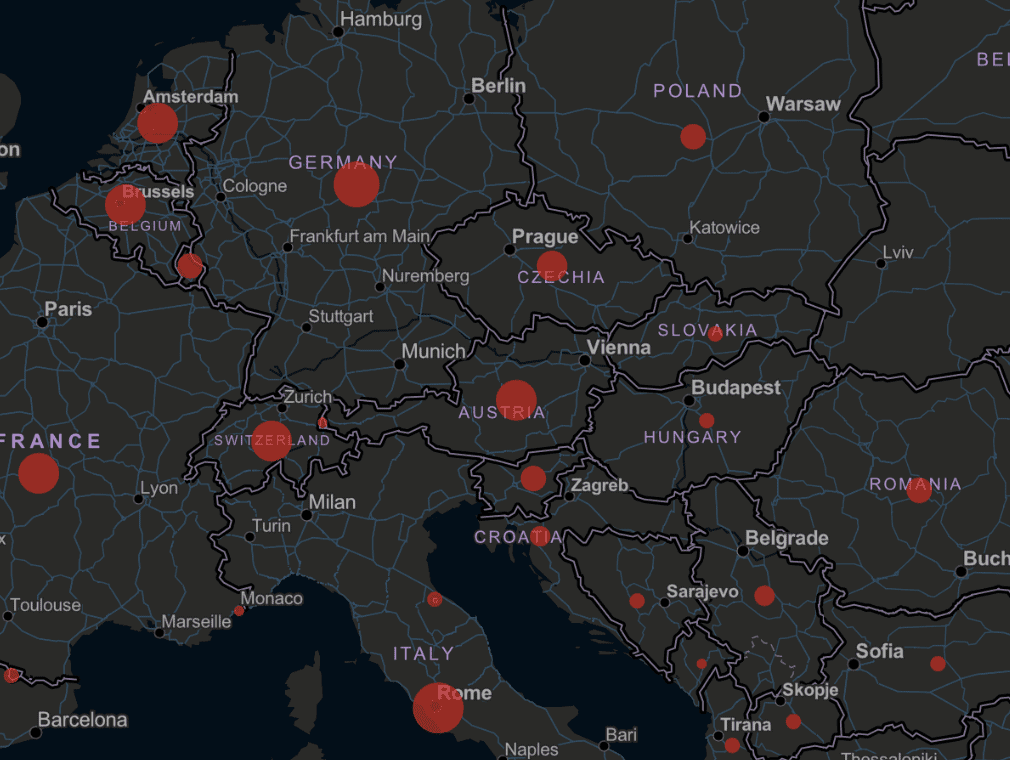 Reported and presumptive positive number of coronavirus cases for Europe. Zoom detail to show how cases are geocoded to the country level for Europe. Screenshot taken March 23, 2020, 8:30AM PT.