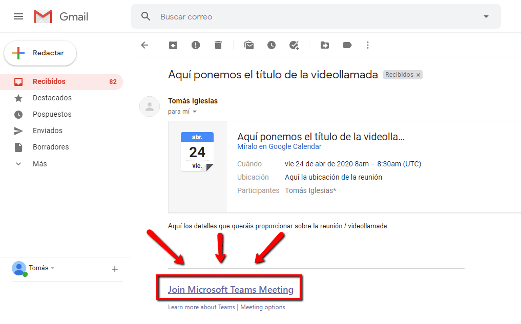 Correo de invitación a reunión de Teams