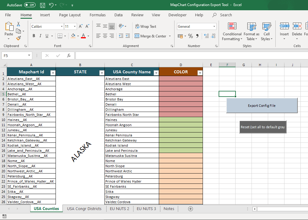 set color in excel to make a map on MapChart