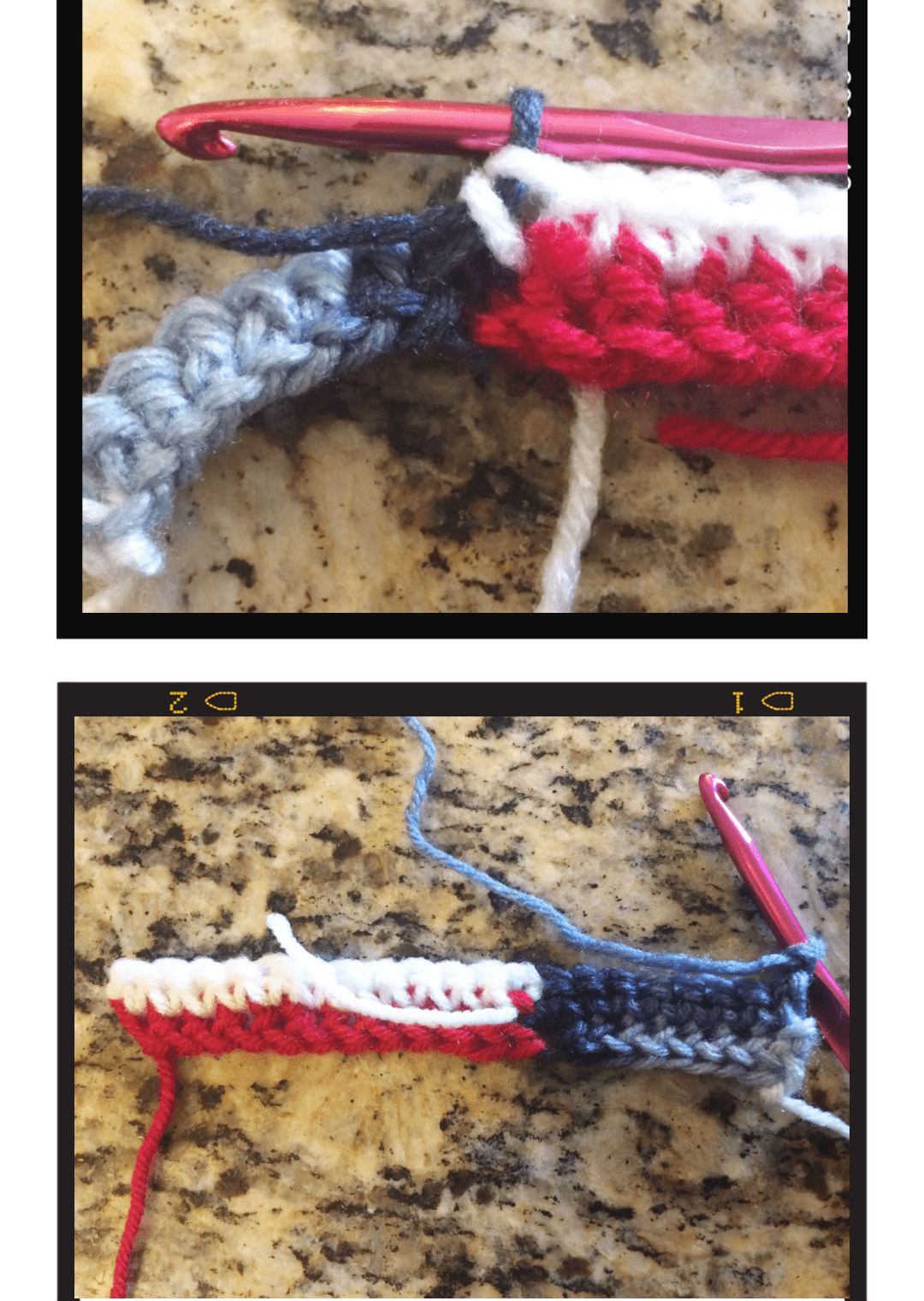 picture of steps for row two change white to blue yarn
