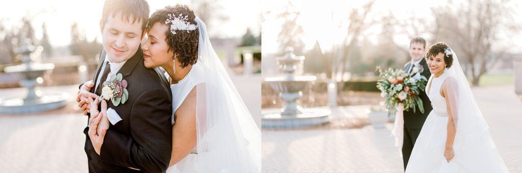 wedding couple romantic portraits, groom is looking at the bride she is looking straight to the camera