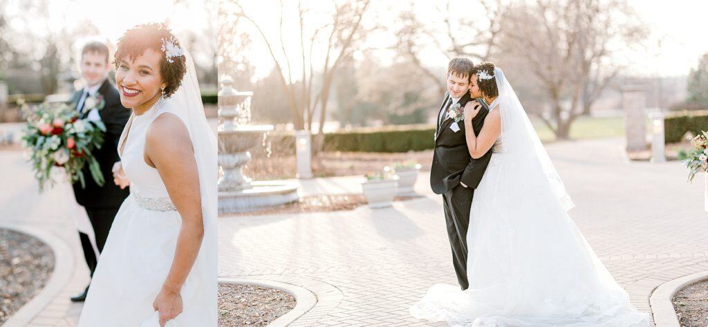 bride is pulling groom towards the camera, wedding couple snuggled together in Chicago wedding venue danada house