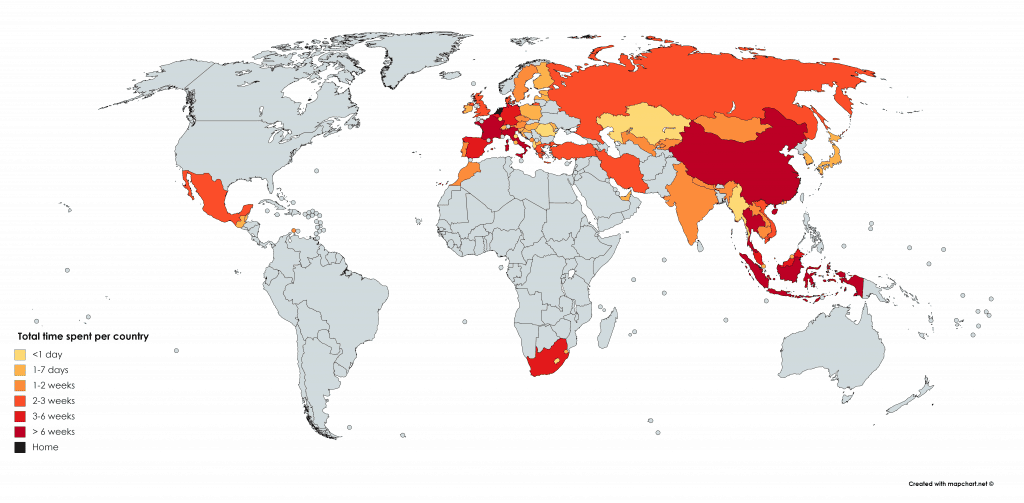 Total time spent per country world map