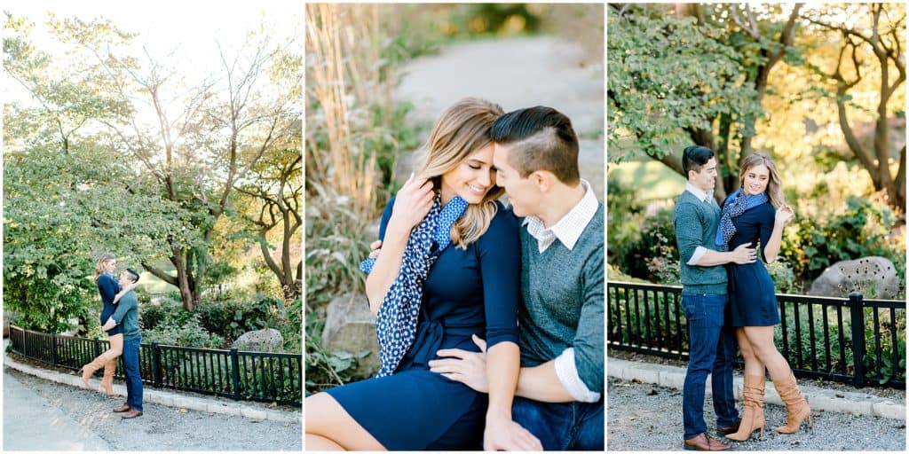 engagement session in Chicago, couple sitting and laughing. standing and looking away