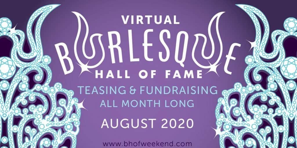 2020 Viertual Burlesque Hall of Fame Weekender banner, purple background featuring large rhinestone-encrusted crowns and event logo