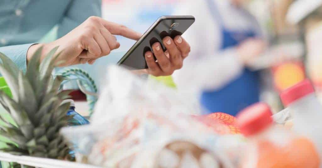 Woman using smartphone to log her grocery expenses