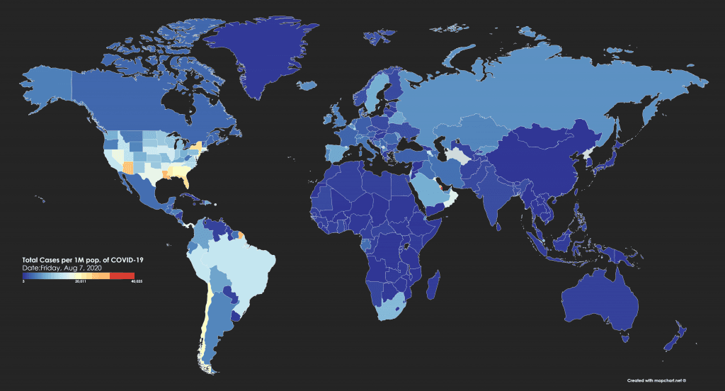 Coronavirus Total Cases per 1 million world map