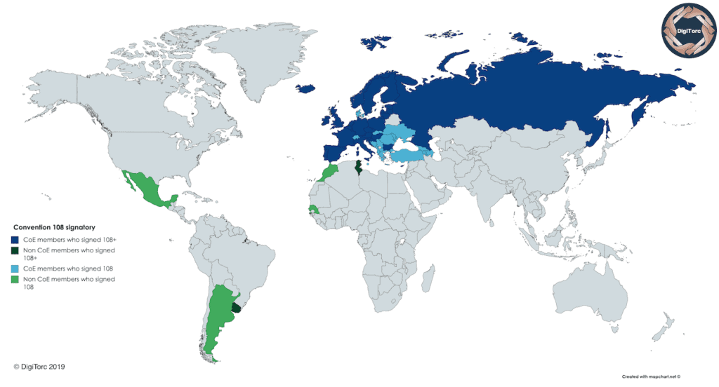 States who have signed either the original Convention 108 or the modernised 108 on The Convention for the Protection of Individuals with regard to Automatic Processing of Personal Data. Shown as a world map with different colours for those countries who are in the 108 compared to 108+ and differentiating between CoE and non CoE member states.