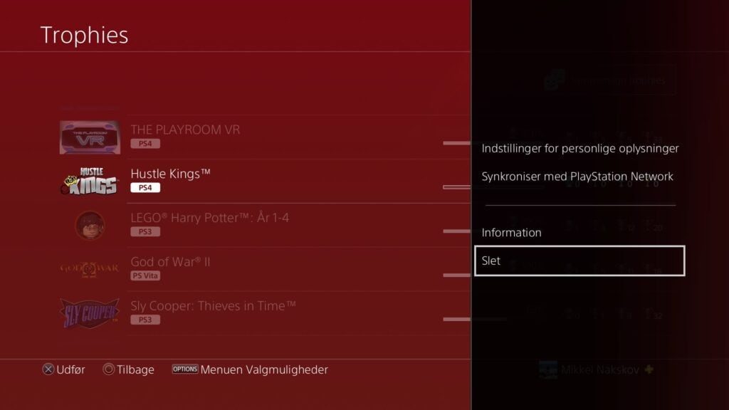 Trofæliste på PS4 med mulighed for at slette