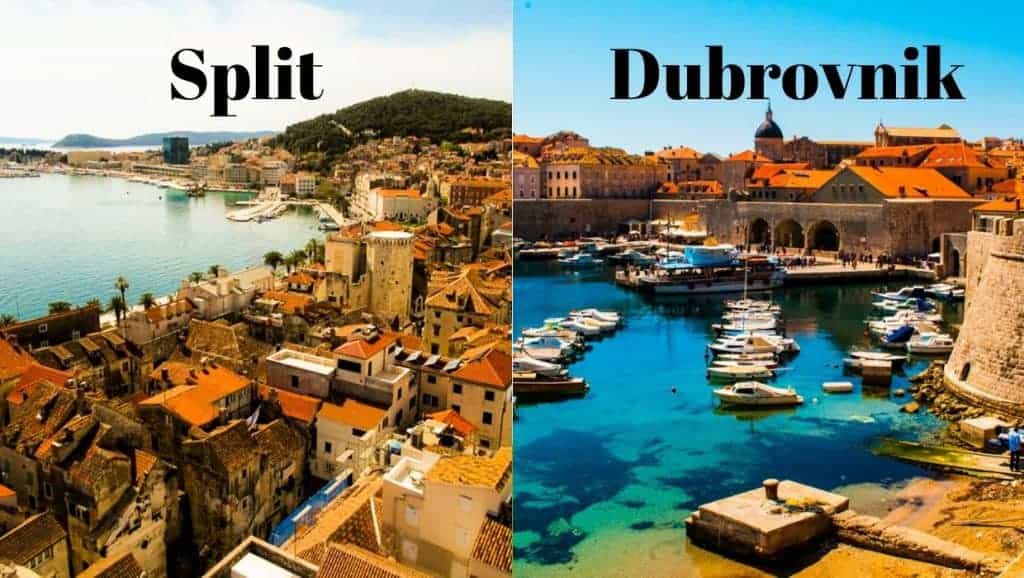 Side by side images of Split harbour and Dubrovnik harbour in Croatia