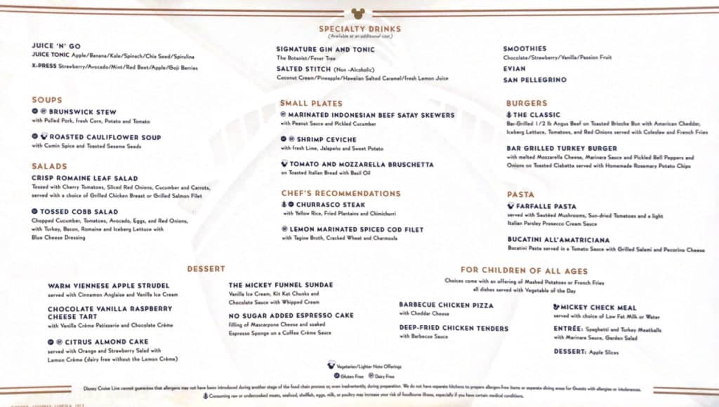 Lumiere's Lunch Menu Disney Magic Transatlantic Cruise sea days