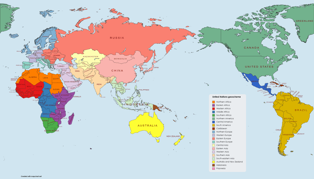 a world map showing the United Nations geoscheme divisions centered on the Pacific ocean