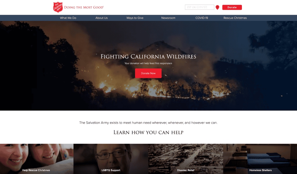 This is a screenshot of the Salvation Army USA, an example of a best nonprofit website.