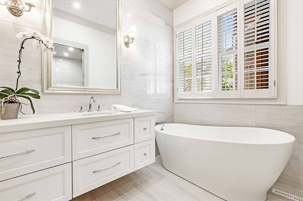 beautiful bathtop and vanity top in the bathroom by chicago interior photographer