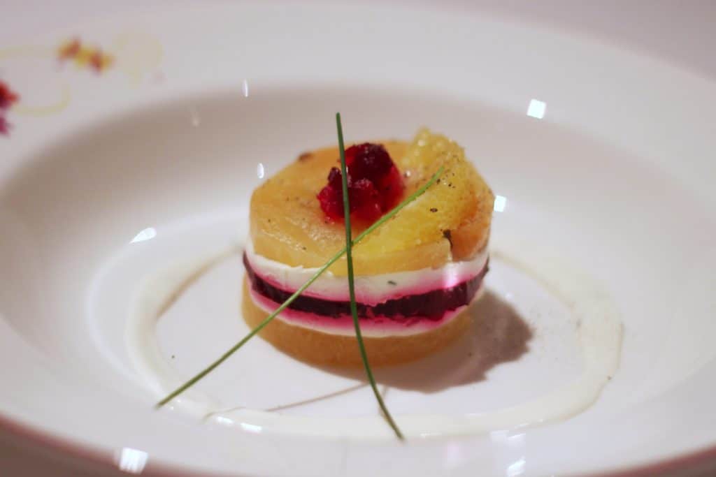 Goat Cheese, Yellow and Red Beet Tower Rapunzel's Royal Table Thug Menu Transatlantic Cruise Disney Magic