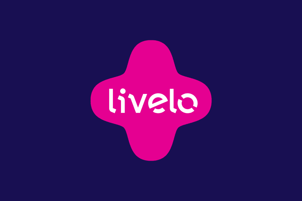Livelo. Logo da marca em azul, rosa e branco
