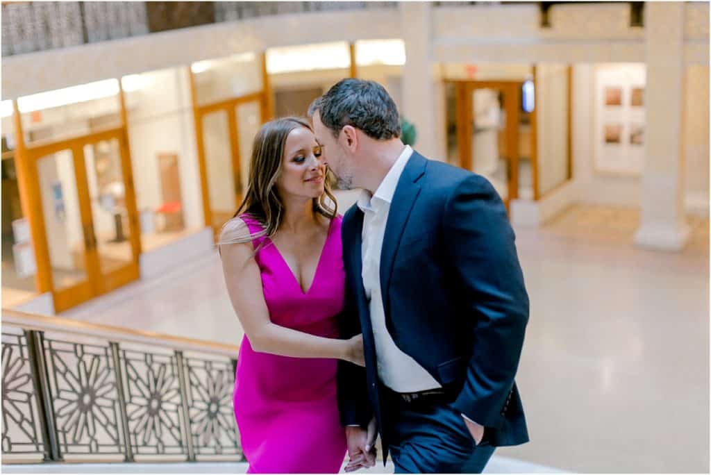 great stairs at The Rookery Building Engagement Session