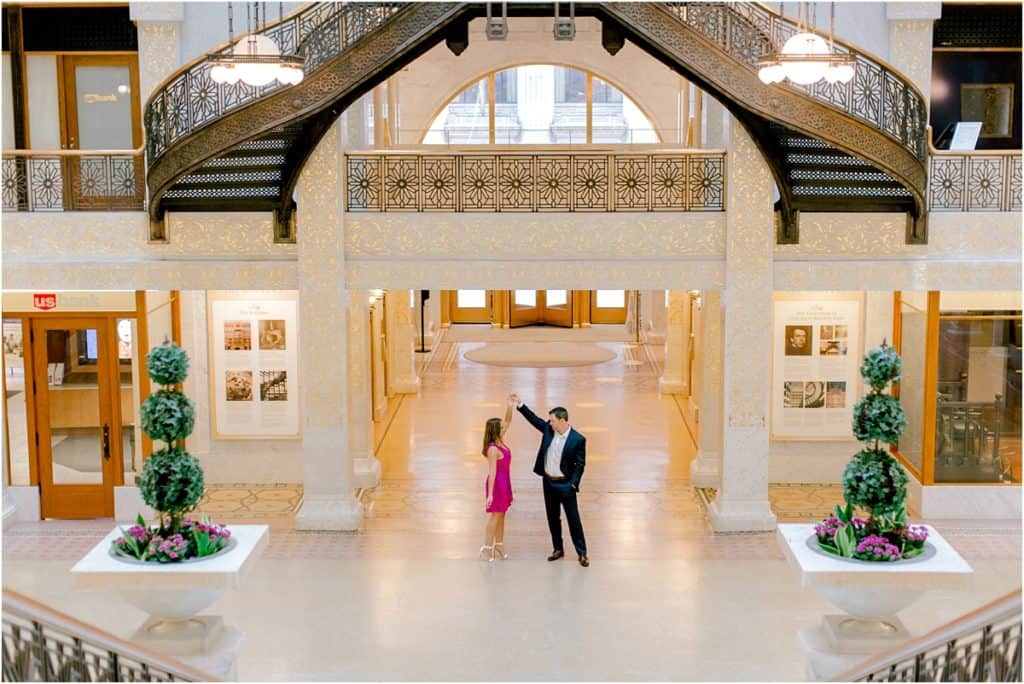 The Rookery Building Engagement Session spectacular staircase
