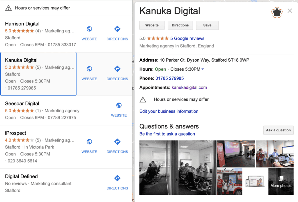 Example of local business ranking down in the left panel.