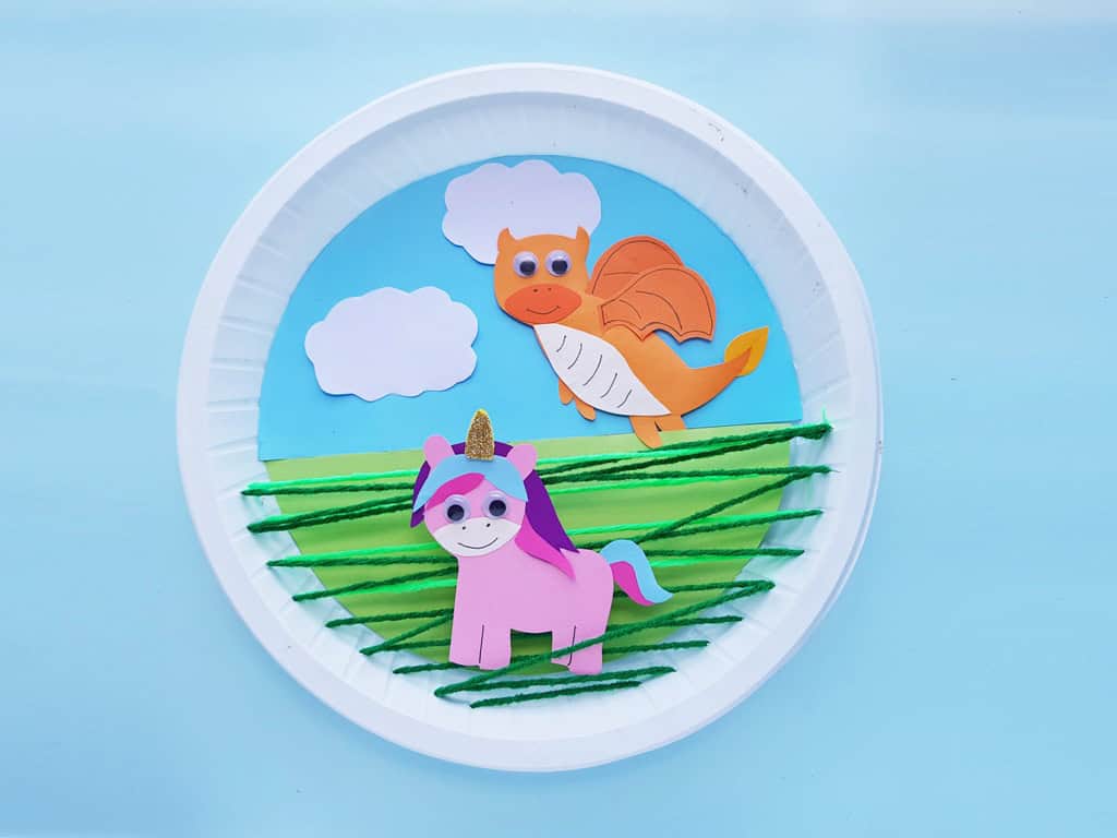 completed unicorn and dragon paper plate craft