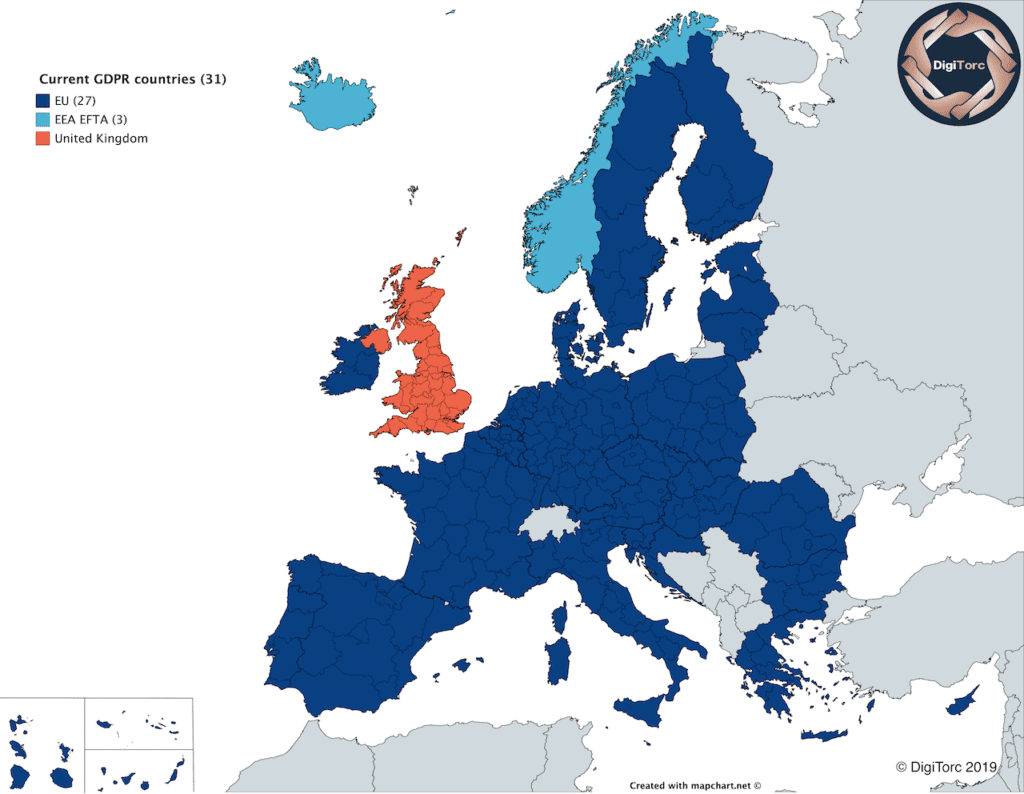 Map of Europe showing both GDPR and EEA EFTA countries. These are the 31 countries where GDPR is automatically applied.