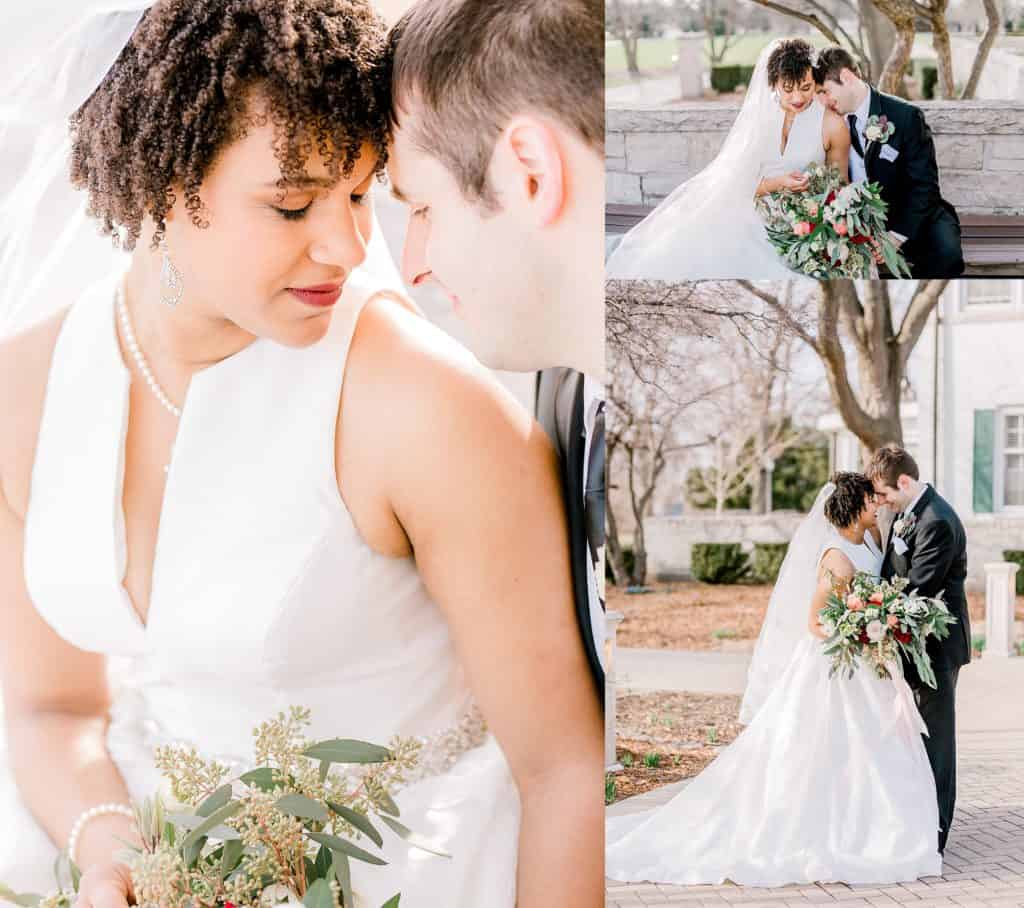 wedding couple kissing, holding each other, bride and groom smiling to each other