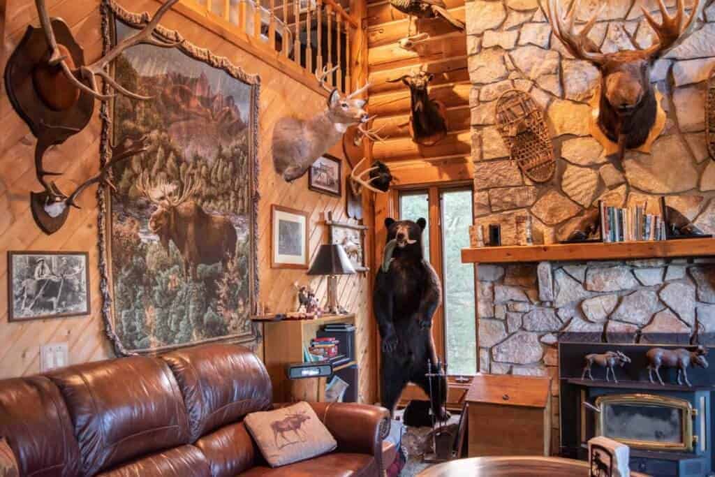 An Adirondack-style living room in Moose Meadow Lodge - complete with stuffed critters and snowshoes on the walls.
