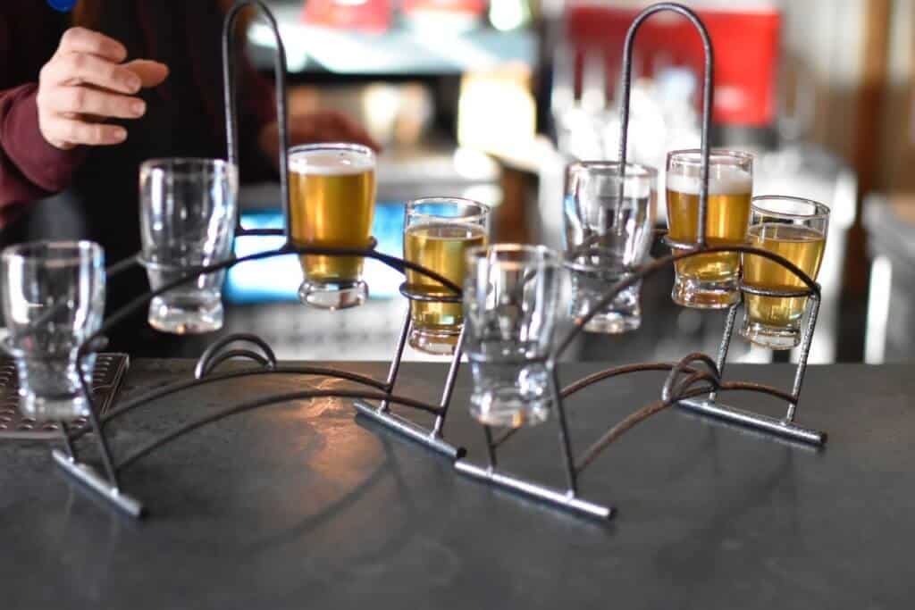 A flight of local beers at Throwback Brewery