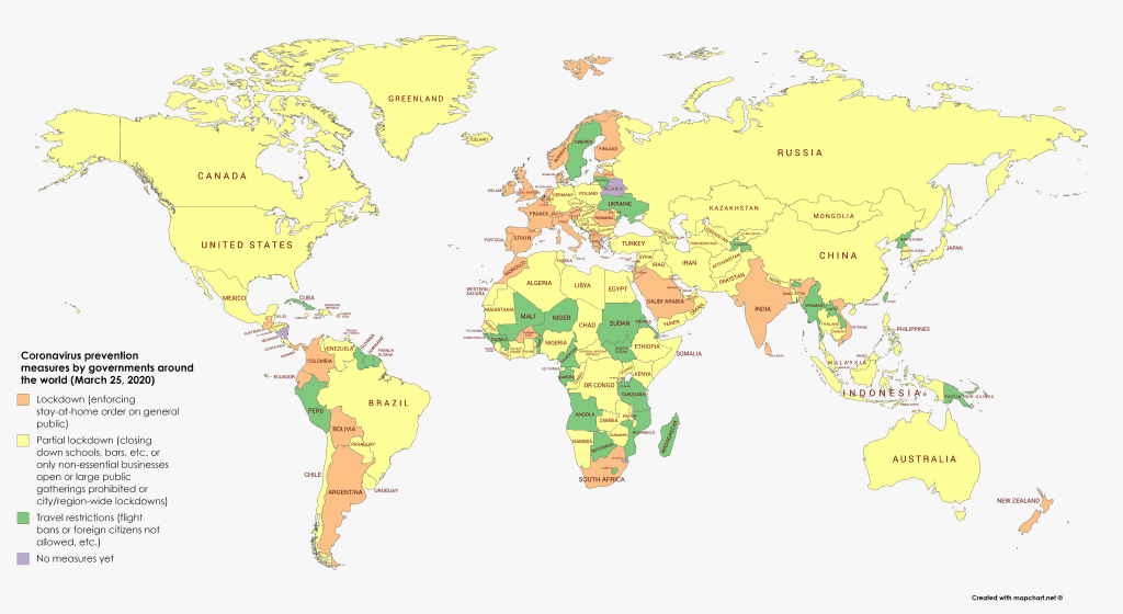 Coronavirus lockdown and prevention measures world map.