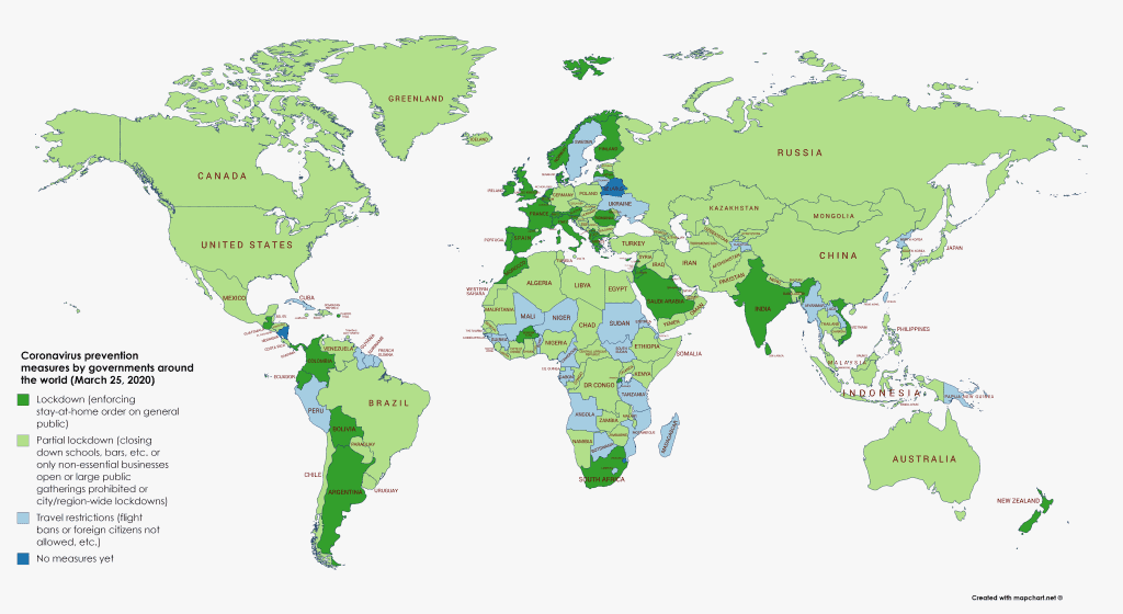 Coronavirus lockdown and prevention measures blue green world map.