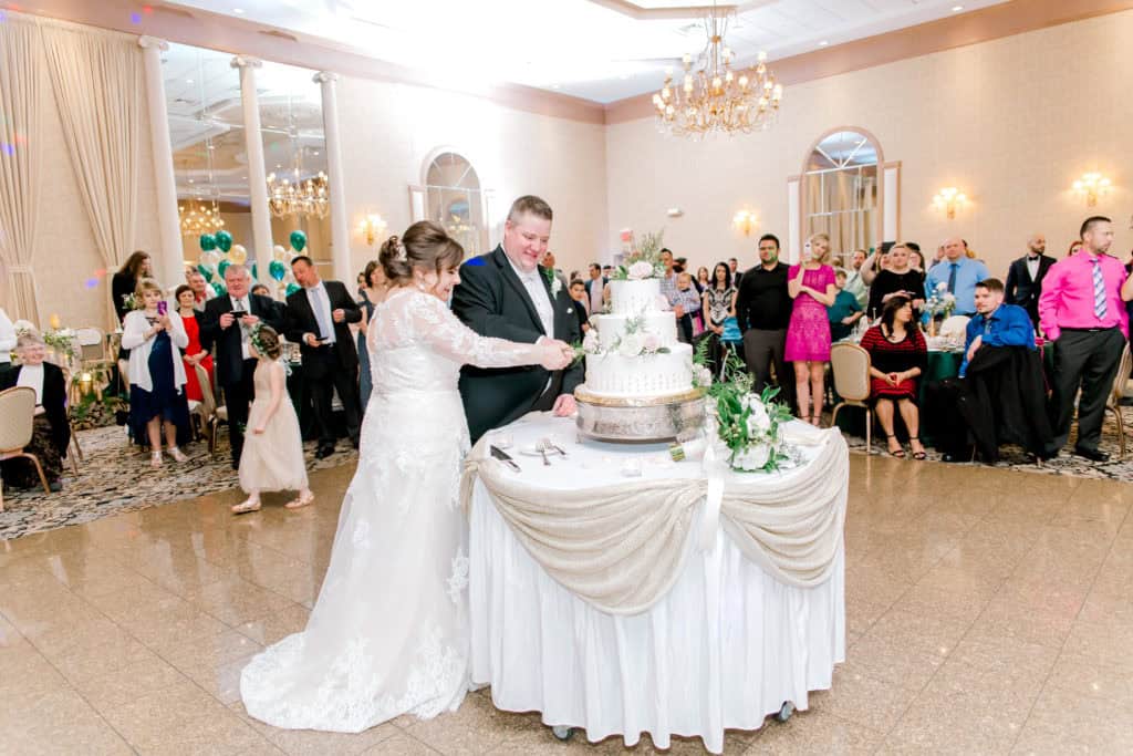 meridian banquets wedding, wedding photographer in Chicago, cake cutting,