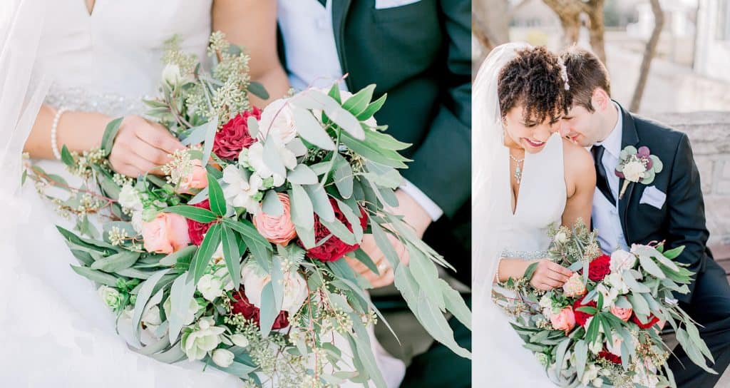 wedding bouquet closeup, wedding couple sitting on the bench bride is holding flowers on her lap