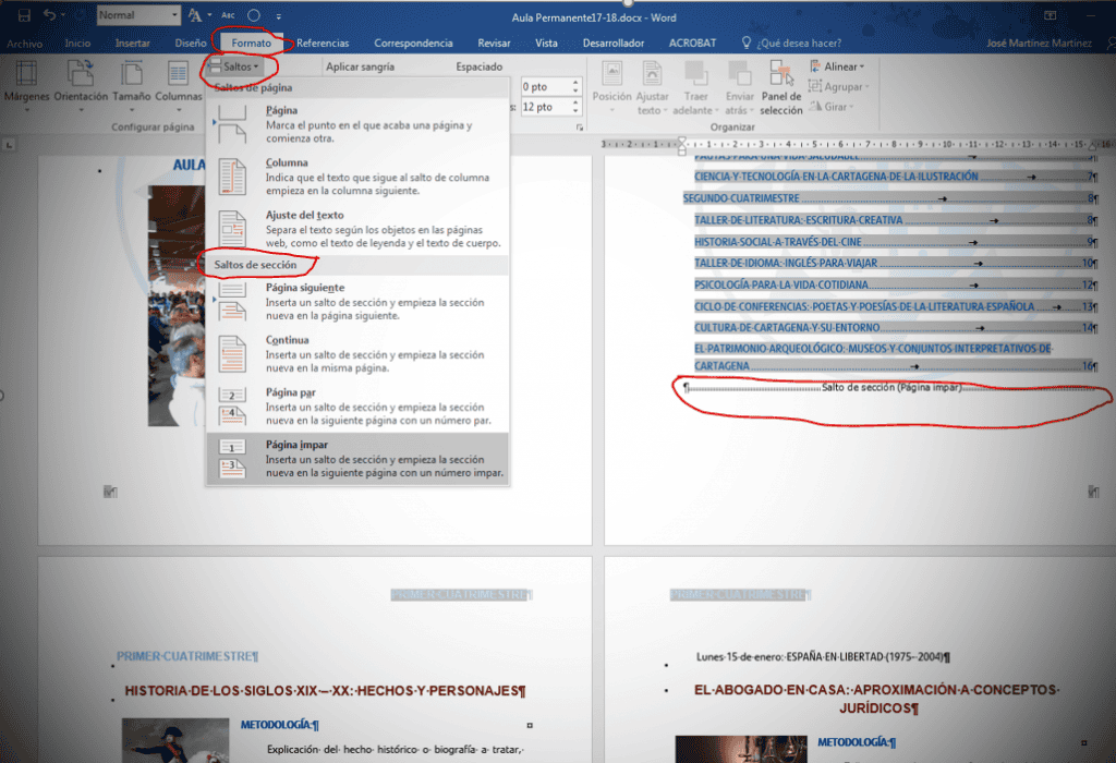 saltos de sección en word