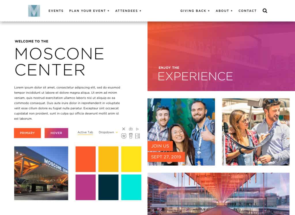 Style tile for Moscone Center, showing colors, photography, buttons, and typography.