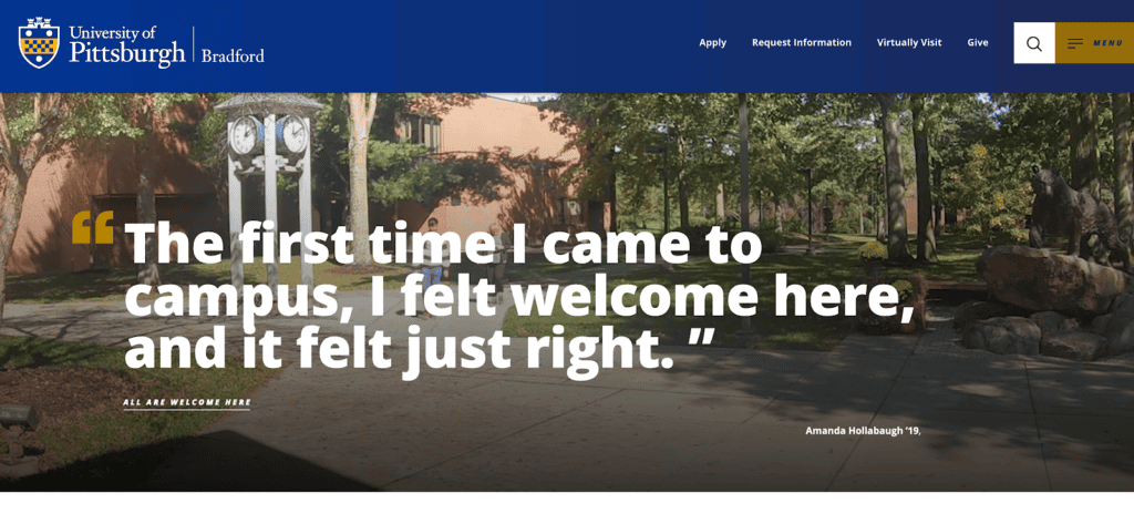This is a screenshot of the University of Pittsburgh at Bradford's website.
