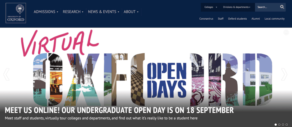 This is a screenshot of Oxford University's website.